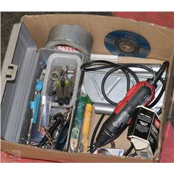 BOX OF TOOLS INCL. BITS, DREMEL ROTARY