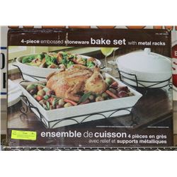 4PC EMBOSSED STONEWARE BAKE SET WITH METAL RACKS
