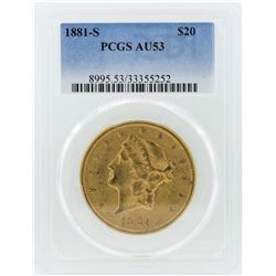 1881-S $20 Liberty Head Double Eagle Gold Coin PCGS AU53