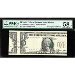 2009 $1 Federal Reserve Note Atlanta Misalignment ERROR PMG 58EPQ