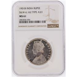 1901B India Victoria Silver Rupee Coin Type A3/I NGC MS61
