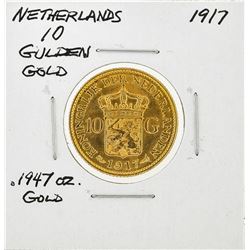 1917 Netherlands 10 Goulden Gold Coin
