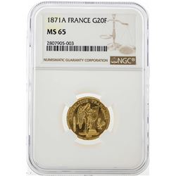 1871A France 20 Francs Gold Coin NGC MS65