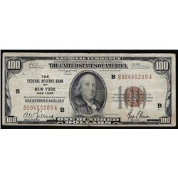 1929 $100 The Federal Reserve Bank of New York Note
