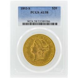 1893-S $20 Liberty Head Double Eagle Gold Coin PCGS AU58