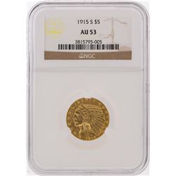 1915-S $5 Indian Head Half Eagle Gold Coin NGC Graded AU53