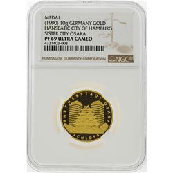 1990 10g Germany Gold Hamburg Sister City Osaka Medal NGC Graded PF69 Ultra Came