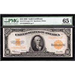 1922 $10 Gold Certificate Large Note PMG Gem Uncirculated 65EPQ