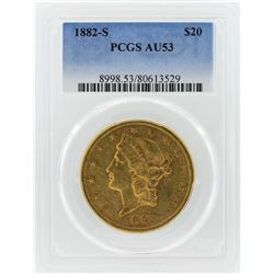 1882-S $20 Liberty Head Double Eagle Gold Coin PCGS AU53