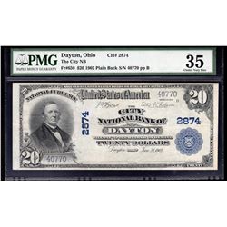1902 $20 National Bank of Dayton, Ohio Bank Note PMG Choice VF35
