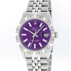 Rolex Mens Stainless Steel Purple Index Pyramid Diamond Datejust Wristwatch