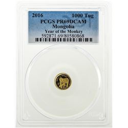 2016 1000 Tug Mongolia Year of the Monkey Gold Coin PCGS PR69DCAM