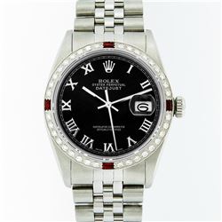 Rolex Mens Stainless Steel Black Roman Diamond and Ruby Datejust Wristwatch