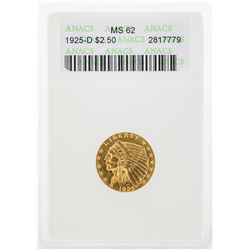 1925 $2 1/2 Indian Head Quarter Eagle Gold Coin ANACS MS62