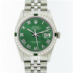 Rolex Mens Stainless Steel Green Roman Diamond and Emerald Datejust Wristwatch