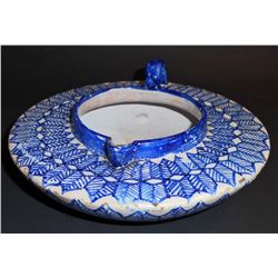 RARE ANTIQUE BLUE AND WHITE GLAZE POTTERY HANDLED POT