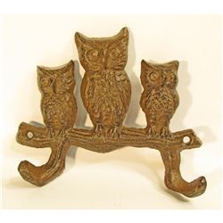 CAST IRON OWLS ON BRANCH WALL MOUNT HOOKS - 5" WIDE