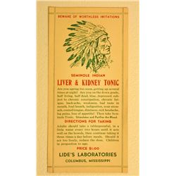 VERY RARE EARLY SEMINOLE INDIAN LIVER AND KIDNEY TONIC  ADVERTISING LABEL
