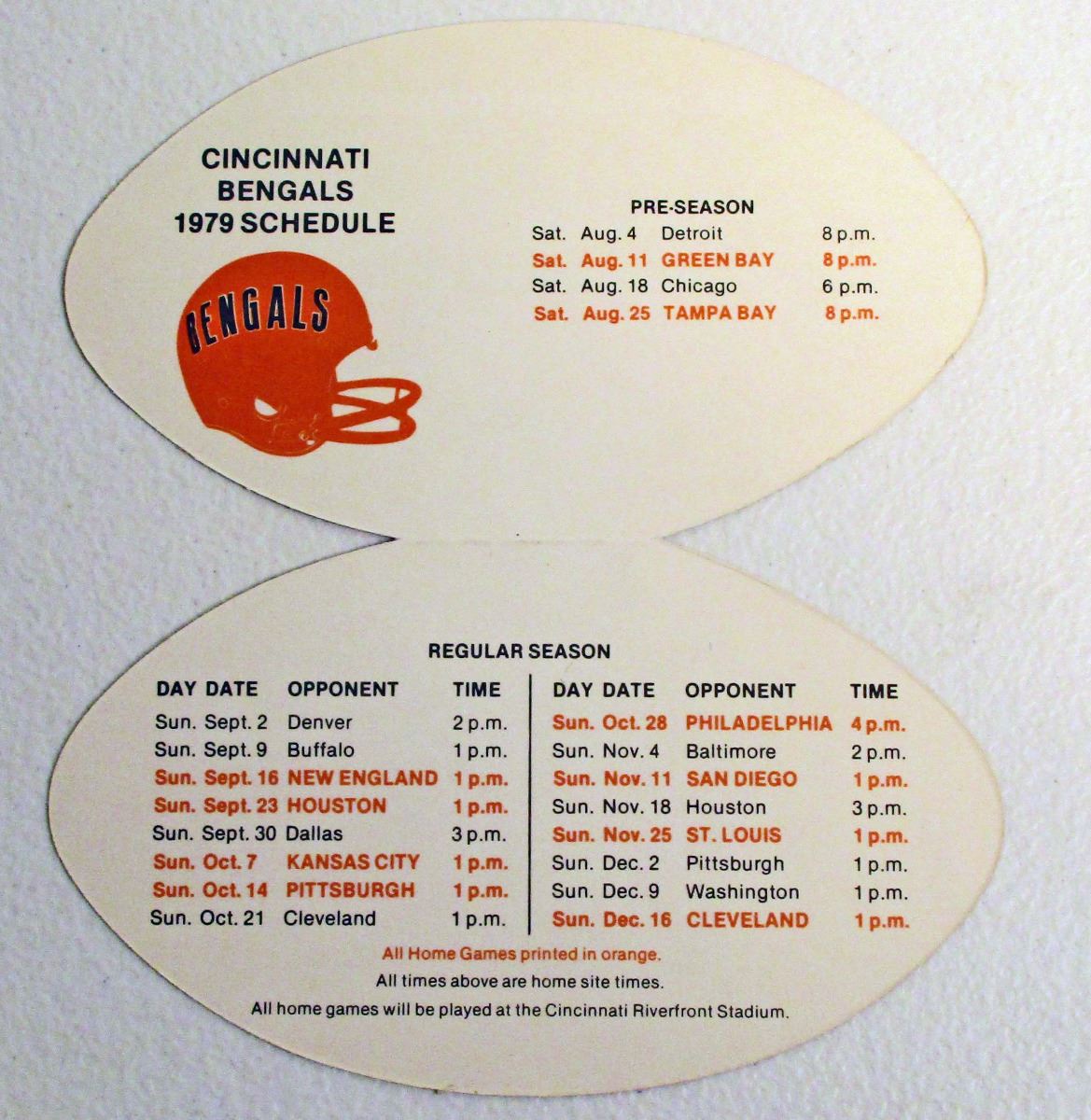 VINTAGE 1978/79 CINCINNATI BENGALS DIECUT FOOTBALL SCHEDULE
