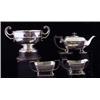 A George V rectangular three piece tea service, angular handles, ebonised fitments, on four cabri...