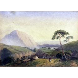 J. Varley. Mountainsous landscape with figure of a woman and cattle on a path, lake to distance,...