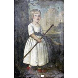 Early 19th Century British School. Portrait of a young girl in a landscape setting holding a shep...