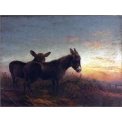 W. F. Preston?. Two donkeys in a landscape at sunset, on canvas, indistinctly signed lower right,...