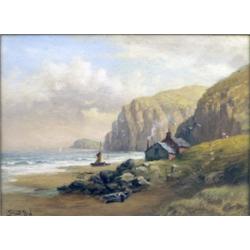 Stuart Lloyd. Seascape with fisherman's cottage nestled in the dunes, figures and boats to foregr...