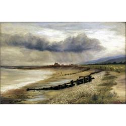J.D. Taylor. Seascape below stormy skies with sheep above the beach and dog at shore's edge, vill...
