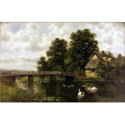 D. H. Winder. River landscape with thatched cottage, bridge and swans, on canvas signed lower rig...