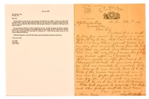 Texas Ranger A.Y. Old Letter 1897