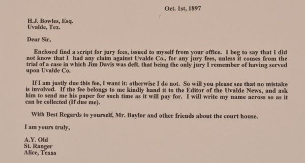 Texas Ranger A.Y. Old Letter 1897