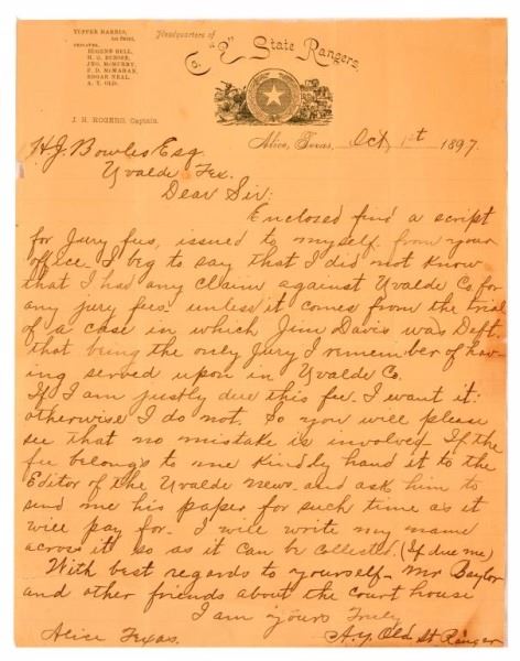 Texas Ranger A.Y. Old Letter 1897