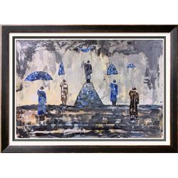 Men with Umbrellas Avant Guard Original Painting on Canvas