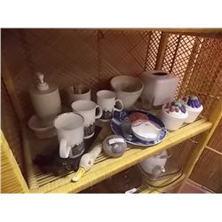 SHELF LOT OF COLLECTABLES AND OTHER - SOAP STONE, CUPS, BOWLS AND MORE