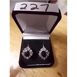 EARRINGS - 925 STERLING SILVER - BLACK ONYX CENTER - HOOPS WITH CLAMP HOOK BACKING