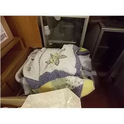 BOX OF MATERIAL, BLANKETS AND MORE
