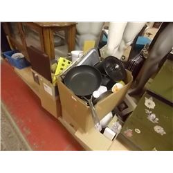 LARGE LOT OF BOXES - HANGES, METALIC SAND AND MORE PANS, DISHES, STATIONARY AND MORE - 5 BXS TTL