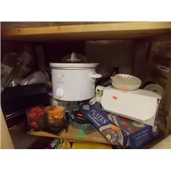 SHELF LOT OF DISHES - CROCK POT AND MORE