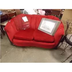 VINTAGE RED LOVE SEAT WITH WOOD ACCENT