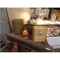 WOOD 2 DOOR BOX, COPPER JUG AND BASKET