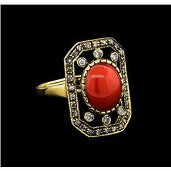 2.60 ctw Coral and Diamond Ring - 18KT Yellow Gold