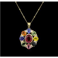 14KT Yellow Gold 4.42 ctw Ruby, Sapphire and Diamond Pendant With Chain