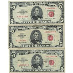 1963 $5 VG/XF Red Seal Note Lot of 3