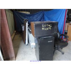 MIXED LOT; MICROWAVE, FRIDGE, CHAIRS, SHELVES