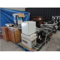 MIXED LOT; CABINETS, SHREDDER, CHAIRS, A/C UNIT, FRIDGE