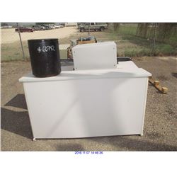 MISC ITEMS; DESK, TOWEL DISPENSER, SHELVES, JANITOR CART