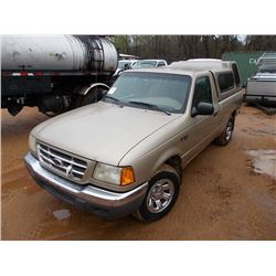2001 FORD RANGER PICKUP, VIN/SN:1FTYR10U91TA01925 - GAS ENGINE, A/T, CAMPER SHELL, ODOMETER READING 
