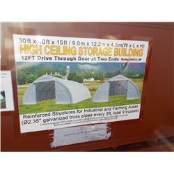 30X40X15' DBL DOOR STORAGE BLDG 12'X12' FABRIC DRIVE THRU DOORS AT 2 ENDS, NEW