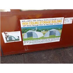 30X40X15' DBL DOOR STORAGE BLDG  12'X12' FABRIC DRIVE THRU DOORS AT 2 ENDS, NEW